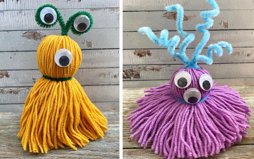How to make adorable yarn monsters with pipe cleaners and googly eyes. Step by step easy instructions included!