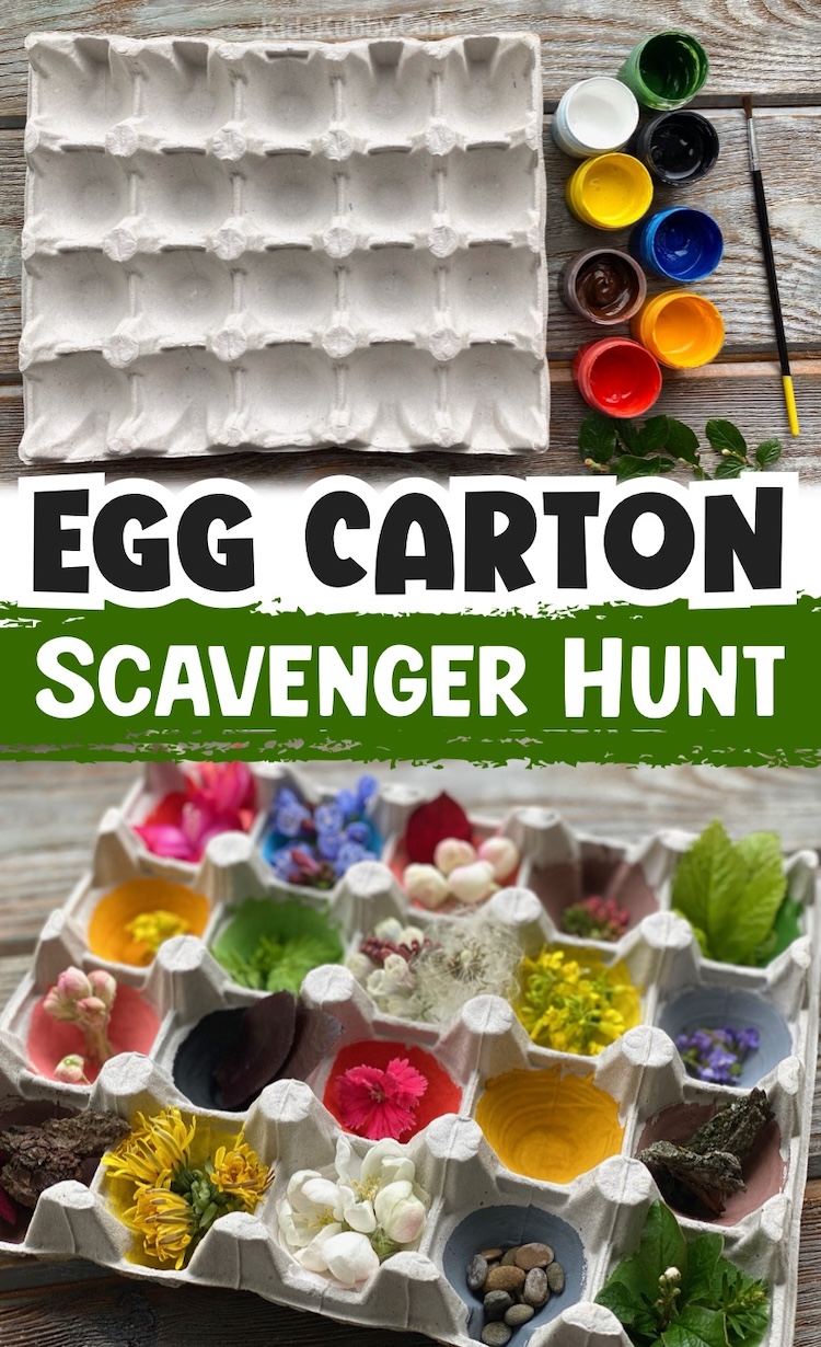 Outdoor scavenger hunt for kids using a recycled egg carton and paint. Encourage your kids to seek out flowers, leaves, sticks, berries, rocks, and more on this exciting outdoor activity. Perfect for spring and summer, even in your own backyard!