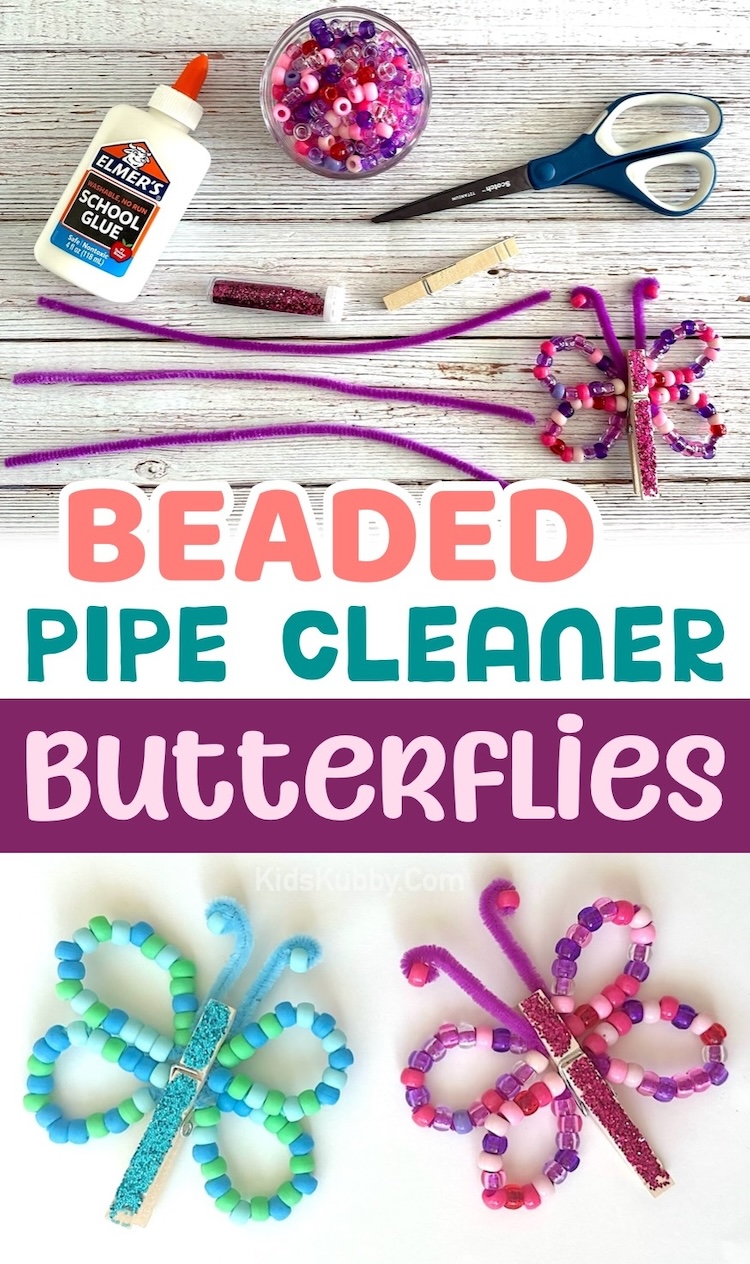 Pony Bead Pipe Cleaner Butterflies craft for kids with step by step instructions. This rainy day activity will keep your kids busy for hours and leave them with adorable little trinkets to play with. An easy project for kids of all ages! My preschooler had a blast making them with me. 