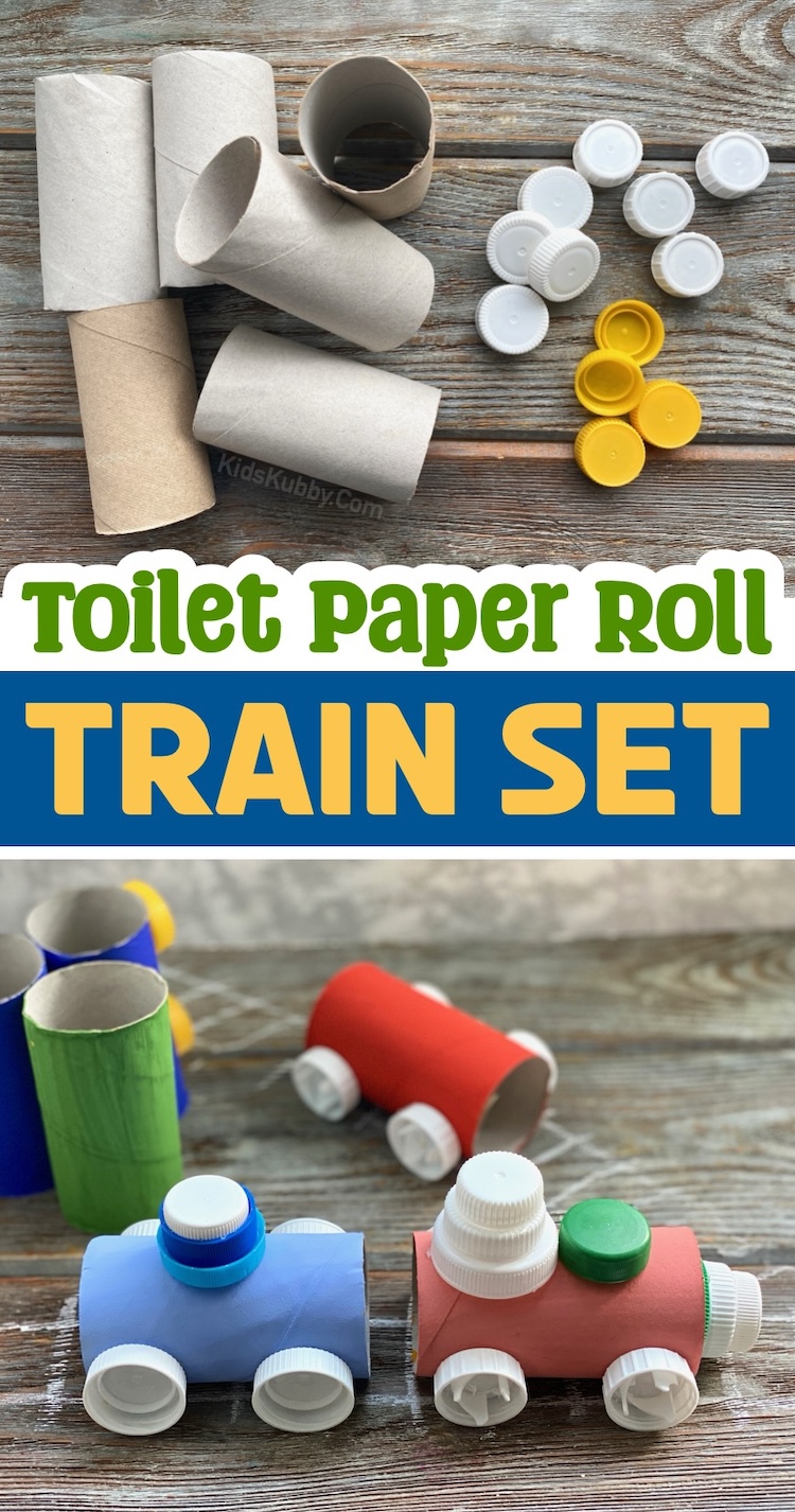 How to make an awesome toy train set for kids with recycled toilet paper rolls and plastic bottles caps! A cheap craft idea using simple supplies you already have at home. This craft idea is perfect for preschoolers and even older kids who love to make projects at home. 