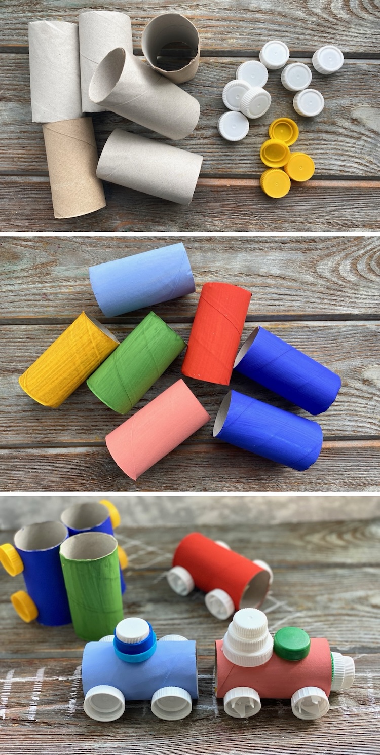 DIY Train Craft made with cheap supplies! Toilet paper rolls and plastic bottle caps. My boys had a blast making this recycled train set with me, and then they had a new toy to play with once finished! We still have it lined up on a shelf in the playroom. 