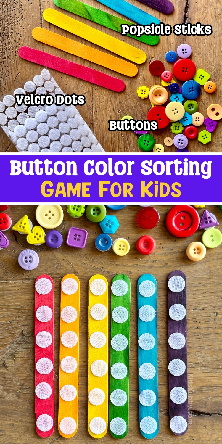 check out this fun activity for kids using just a few cheap supplies from the dollar store. I love homemade learning games. it makes teaching my preschooler so easy. Make this color sorting game with just popsicle sticks, velcro, and buttons.