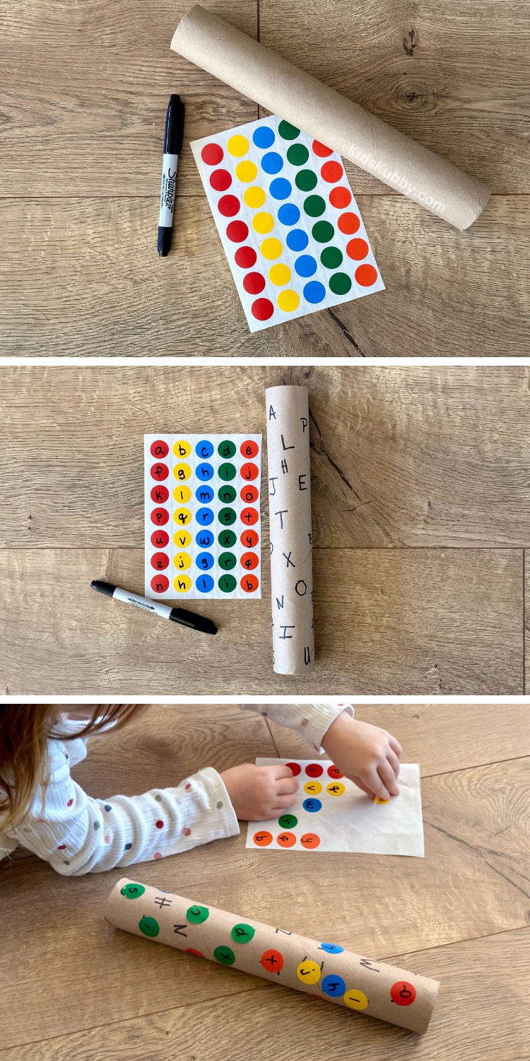 simple activity to help kids learn to identify letters. All you need for this budget friendly learning activity is an empty paper towel roll and some dot stickers. Preschoolers will love this fun letter matching game. 