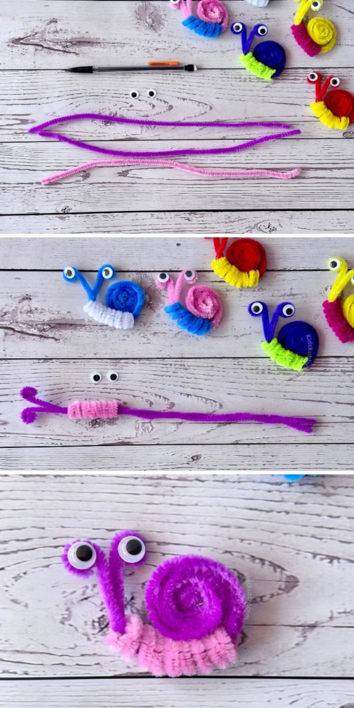 Step by step tutorial for how to make a pipe cleaner snail using 3 pipe cleaners. In just 5 minutes your preschoolers and kindergarteners can make this fun craft idea for Spring. 