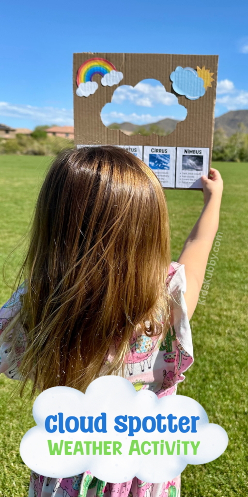 Interactive cloud spotter project for kids, featuring hands-on nature exploration to discover and identify clouds, ideal for outdoor learning and play.