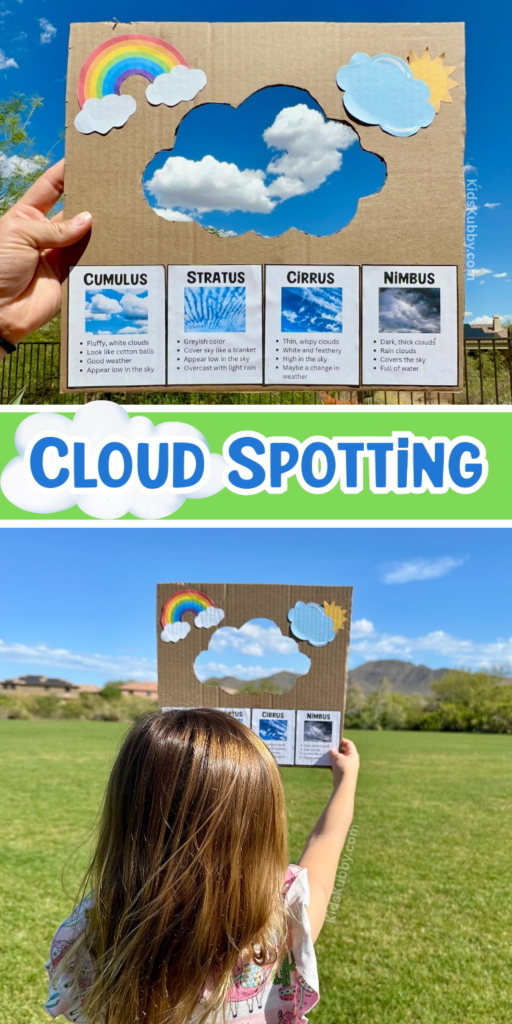 Fun cloud spotter activity for kids, encouraging outdoor exploration and learning through observing and identifying cloud shapes and types in the sky.