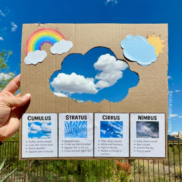 this is such a fun outdoor activity for kids. Let your kids explore the weather with a cloud spotter made out of recycled boxes!