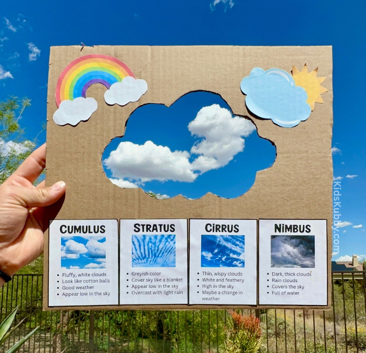 this is such a fun outdoor activity for kids. Let your kids explore the weather with a cloud spotter made out of recycled boxes!