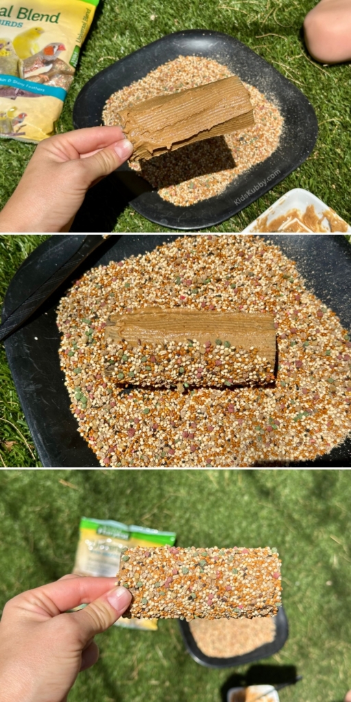 Fun toilet paper roll bird feeder craft for kids! Easy, eco-friendly project with peanut butter & birdseed.