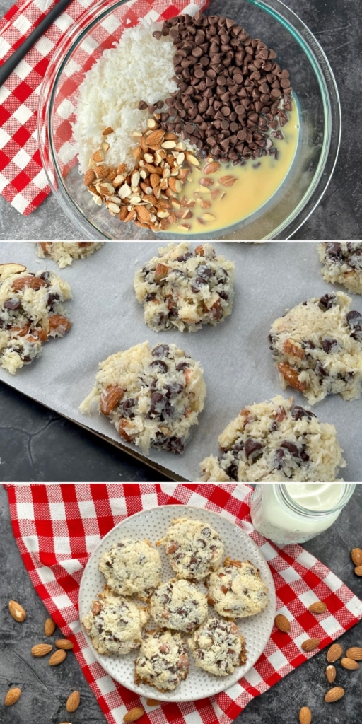 Get festive with these easy holiday cookies! Rich chocolate, chewy coconut, and crunchy almonds make them a hit at any gathering