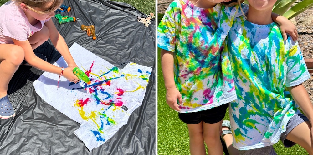 Transform plain shirts into colorful masterpieces with this DIY squirt gun tie dye tutorial! Great for kids of all ages, this messy, outdoor craft is a summer must-try.