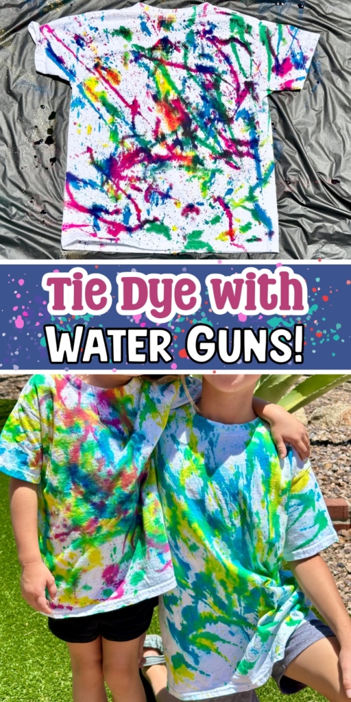 Make tie dye shirts with squirt guns for an easy, creative outdoor craft! Perfect for summer parties or family fun, this activity lets kids create one of a kind masterpieces. Get ready for a splash of creativity!