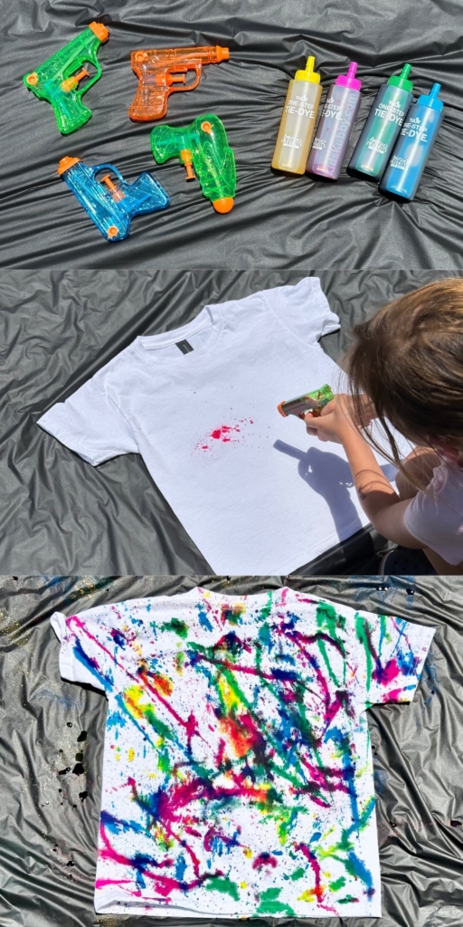 Create vibrant tie dye shirts using squirt guns for a fun summer craft kids will love! This easy, outdoor activity is perfect for family fun and unleashing creativity. Try this colorful project for a fun day!