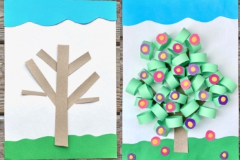 Make the cutest paper trees with fun loops and colorful flowers. Easy and cheap craft for kids.