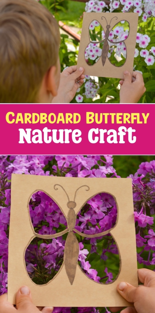 Cardboard cutout nature butterflies are easy to make with old shipping boxes and some scissors. Get you kids outside to explore nature with this budget friendly craft idea.