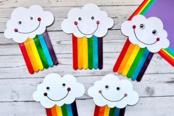 Create cute rainy cloud rainbows with popsicle sticks and a smiling cloud cutout.