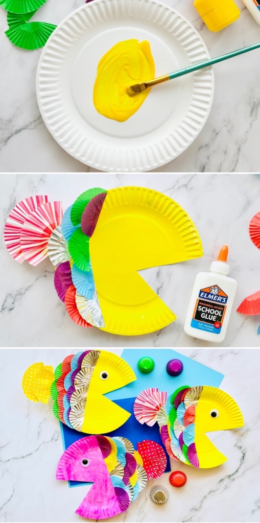 Step-by-step instructions on how to make a paper plate fish craft.