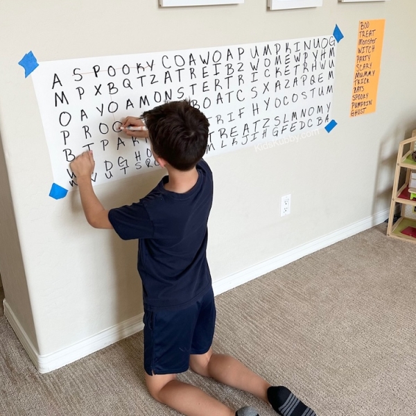 A full body learning activity for kids with a Halloween theme. Giant Halloween word search is not only easy to make but so fun for older kids.