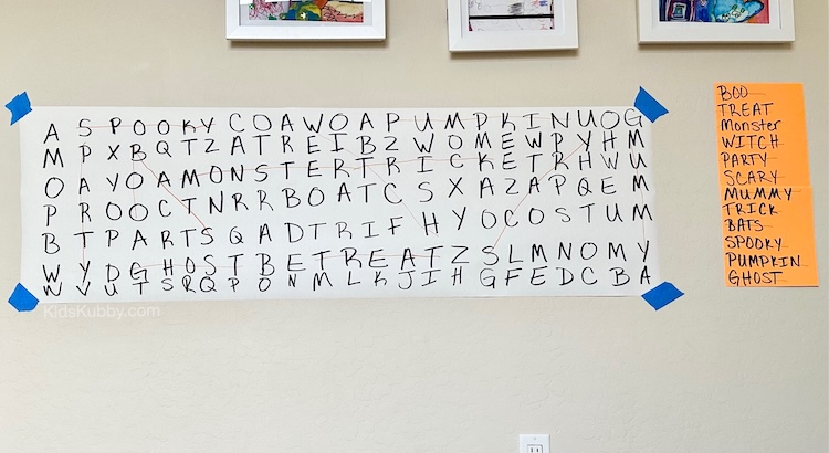 Easy and fun activity for kids this Halloween. Learn how to make a giant word search for your little ghosts and ghouls. Easy indoor game for Halloween. Halloween word search for the win. 