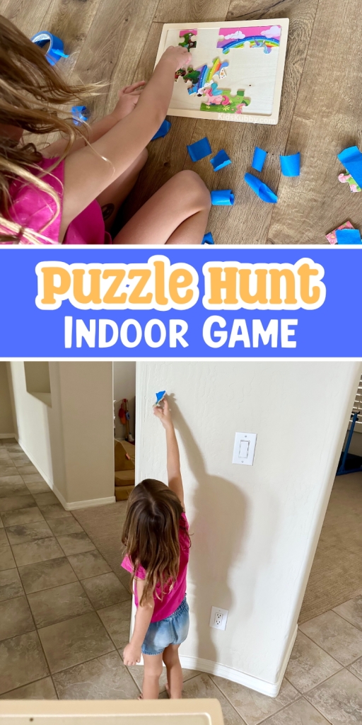 Are you looking for a fun boredom busting game for toddlers? Try this way to set up puzzle hunt using your child's favorite puzzle and some tape. Your little one will have a blast hunting all the pieces to complete the puzzle.