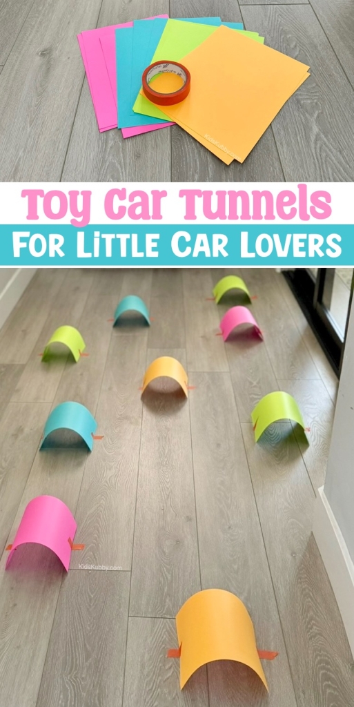 Check out this no mess activity for kids using just paper and tape. Transform your hallway into a race track with paper tunnels for toy cars. This simple game will keep your kids entertained for hours!