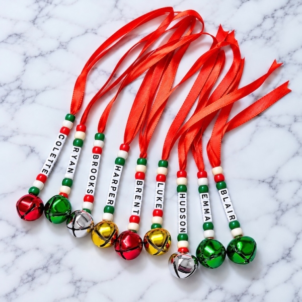 Easy Christmas Craft Tutorial for Kids: How to make DIY personalized ornaments with ribbons, letter beads, and jingle bells!