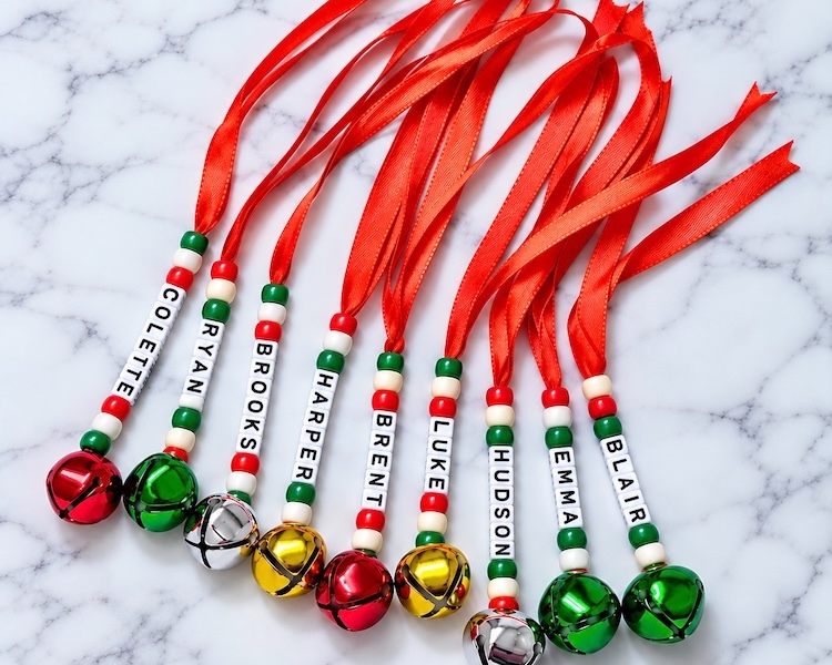 Easy Christmas Craft Tutorial for Kids: How to make DIY personalized ornaments with ribbons, letter beads, and jingle bells!