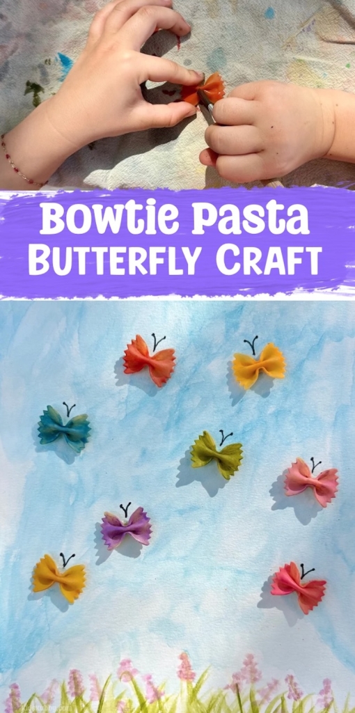 Are you ready for the best craft idea for kids? This easy spring art project is perfect for preschoolers and kindergarteners using cheap supplies you already have at home. Grab some bowtie pasta and watercolors create the best springtime butterfly craft ever.