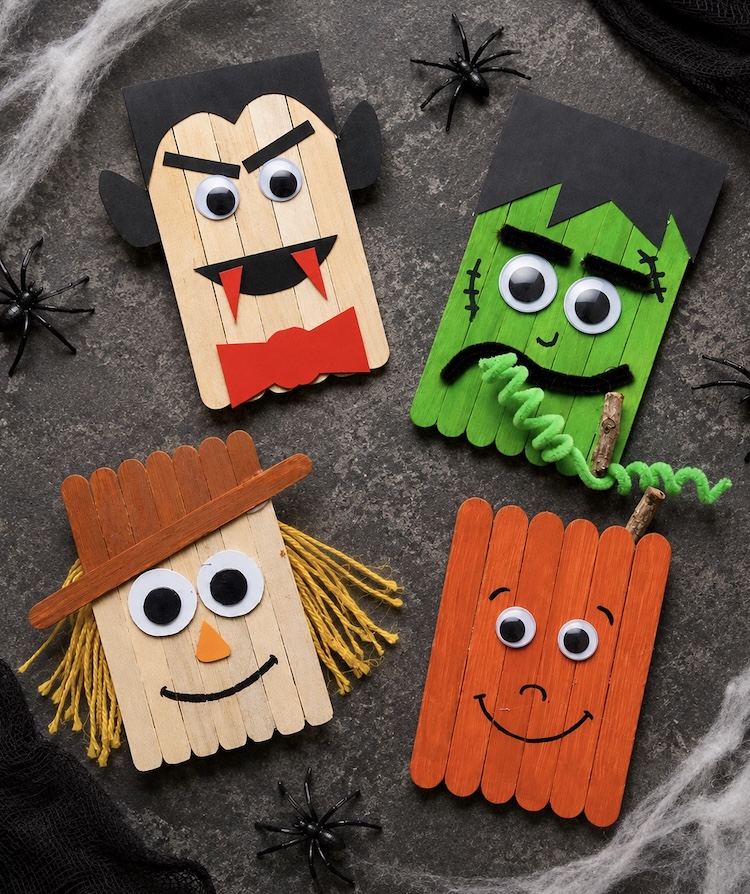 How to make adorable and spooky halloween characters with popsicle sticks, and fun craft for kids to make.