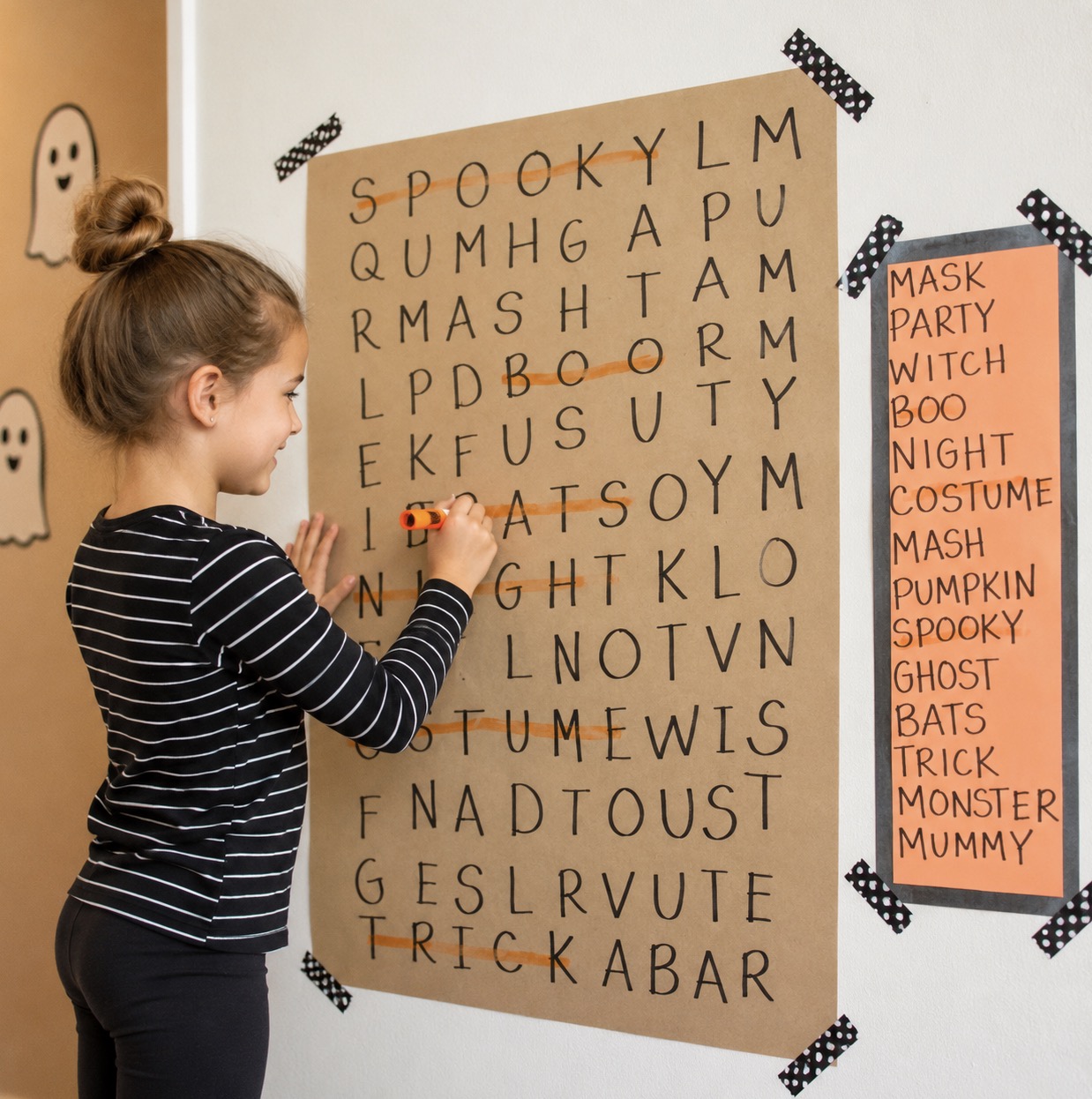 How to make a DIY Halloween word search for your kids extra large to tape on your wall!