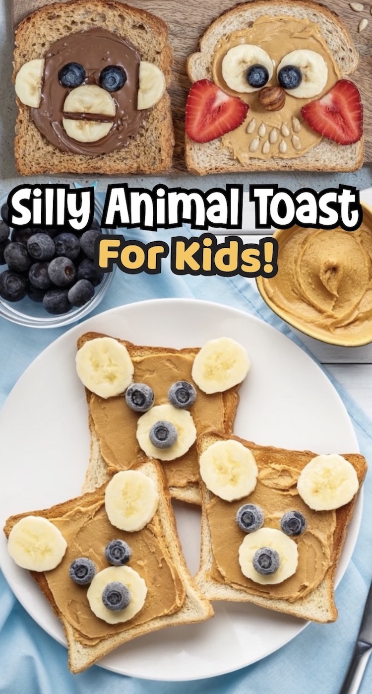Fun and silly breakfast ideas for kids made with simple toast. A variety of funny face animals using peanut butter and fruit! This quick 5 minute breakfast is a hit with kids of all ages especially toddlers and preschoolers. 