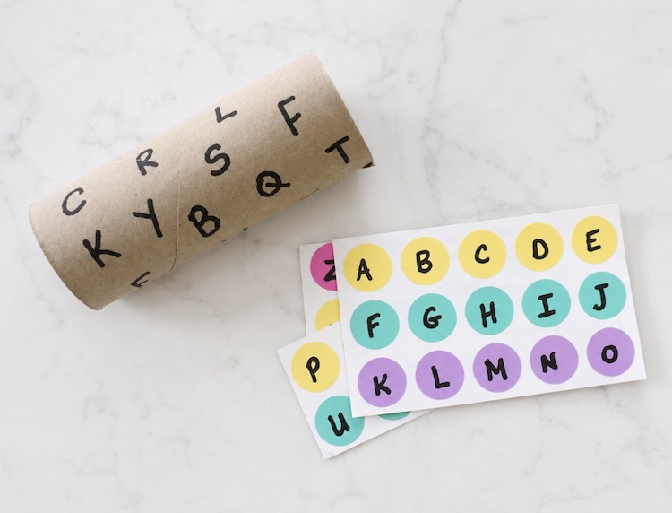 Toilet Paper Tube ABC Learning Game using colorful dot stickers. 