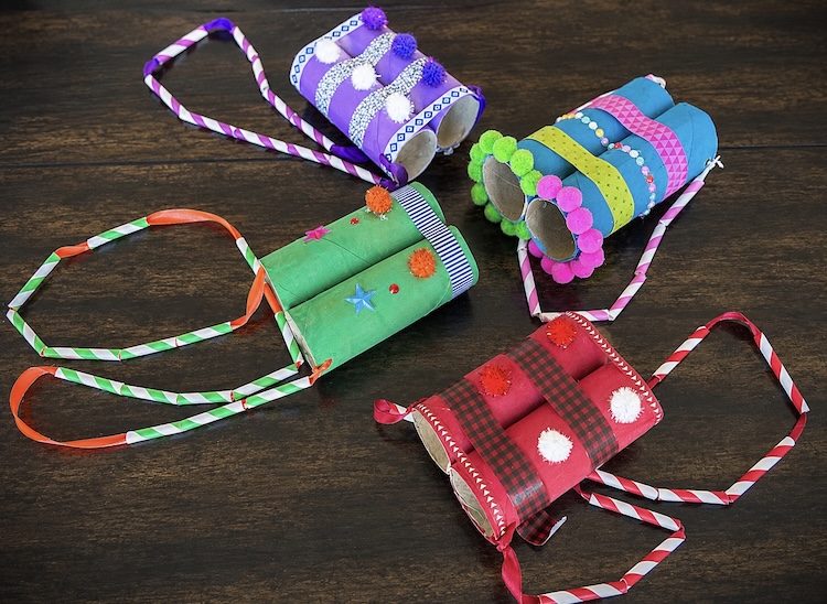 DIY cardboard binoculars made with recycled toilet paper roll tubes, paint, tape, and pompoms.