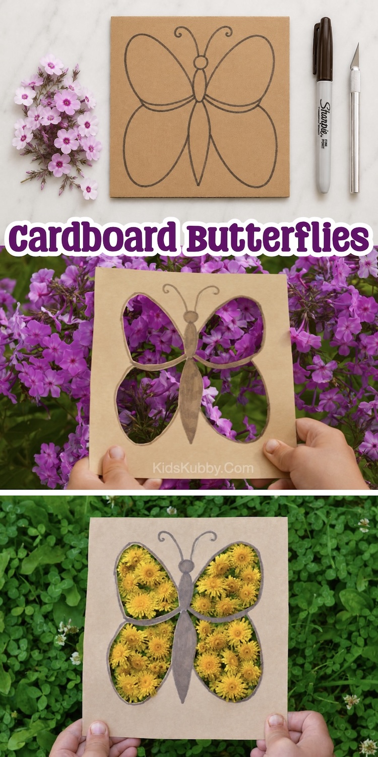 Cheap and easy nature craft to do at home using simple supplies you already have! Cardboard, a marker, and scissors to make empty space butterfly wings for nature hunts, backyard activities, park visits, and hikes. 