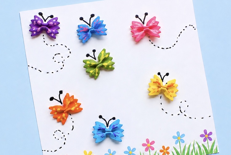 Make a beautiful spring art project using bowtie pasta to make colorful butterflies.