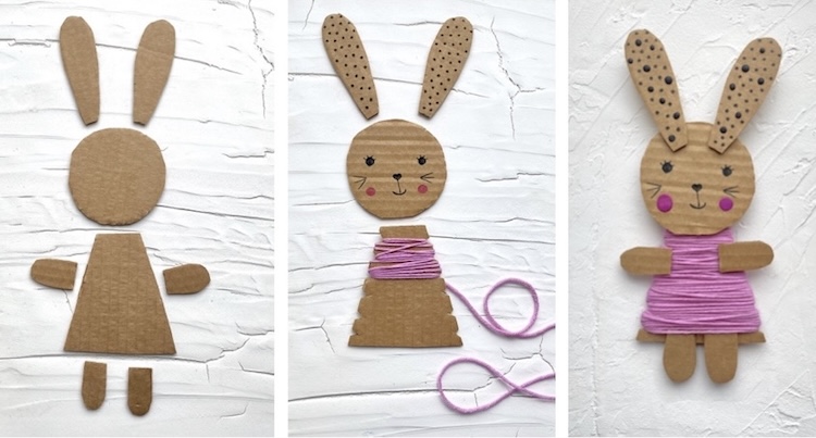 A recycled cardboard bunny craft for spring or Easter.