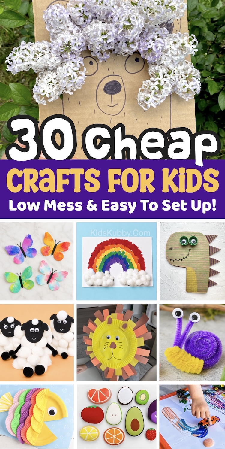 List of 30 cheap and simple craft ideas to make on a budget with recycled materials and common supplies already at home. These easy projects are great for kids of all ages from preschool age to older children.