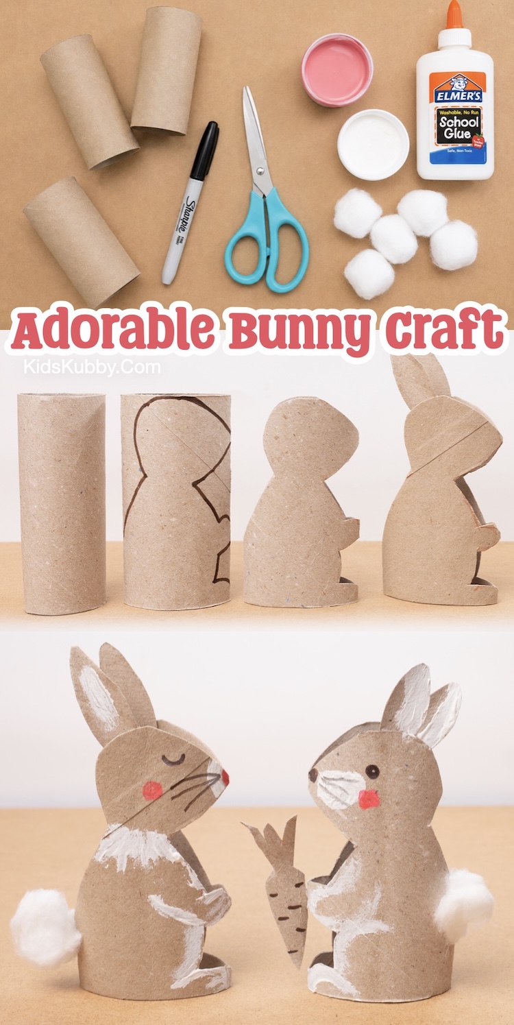 Looking for cheap craft ideas for kids to do at home? Try this cute bunny craft made with recycled toilet paper rolls and cotton balls. It's perfect for a spring rainy day and DIY Easter decorations for kids to make.