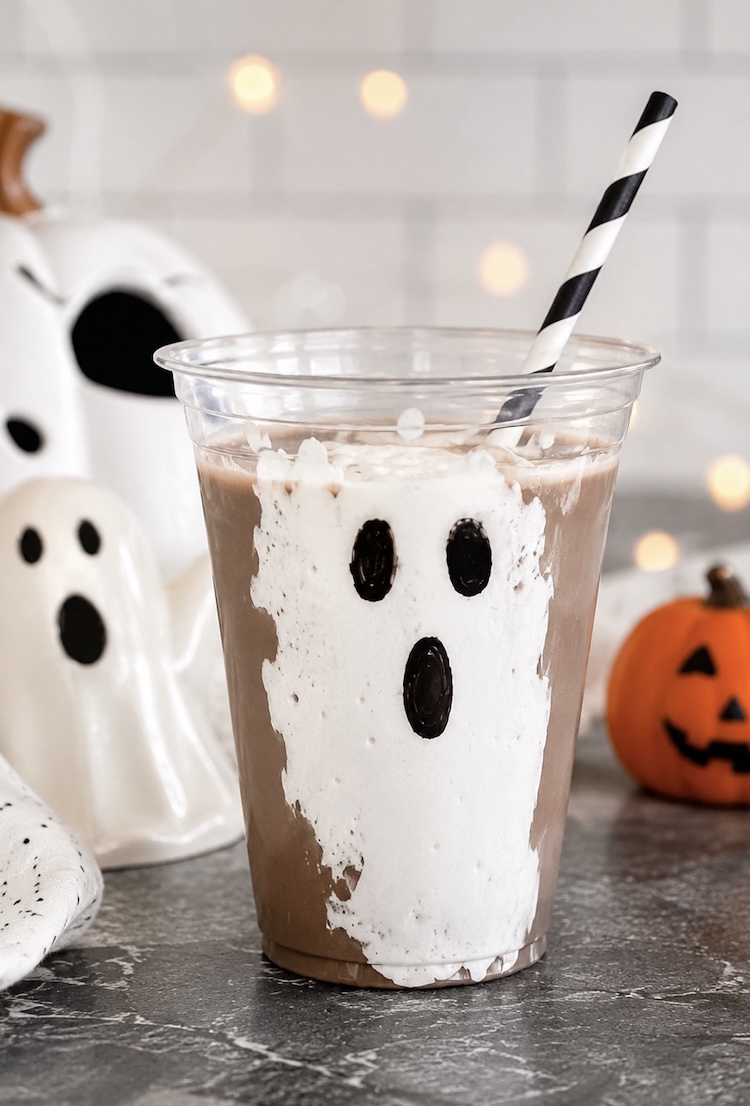 Easy Halloween drink for kids made with chocolate milk and marshmallow fluff in clear plastic cups.