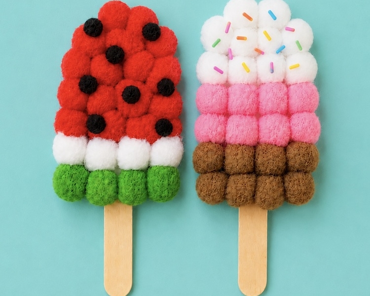 Step by step tutorial: how to make bright and cheery pompom popsicles, a simple yet impressive craft for kids. Great for preschool age kids.