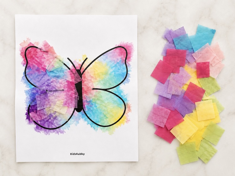 Easy spring and summer craft idea for preschoolers and kindergarteners! This tissue paper butterfly is a beautiful art project they can be proud of.