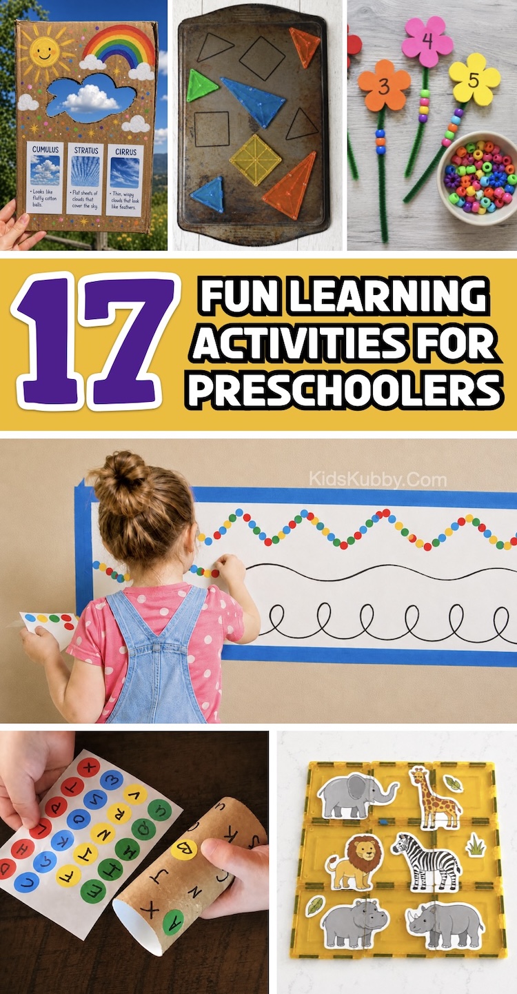 List of 17 fun, creative, and super easy learning activities and games for kids that help teach the alphabet, color recognition, handwriting skills, shapes, patterns, and more. 