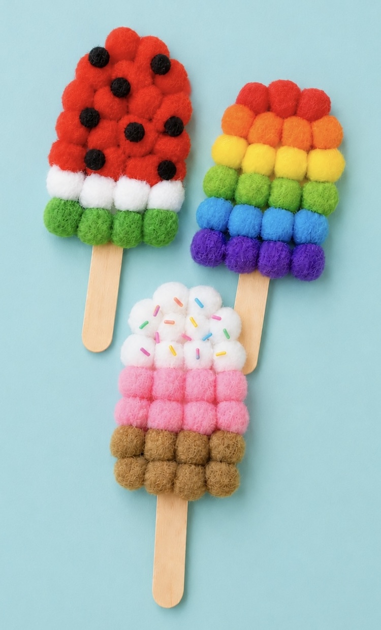 Fuzzy Pom-Pom Popsicles are a popular and creative craft idea for kids that's low mess and easy to make for preschoolers and older kids.