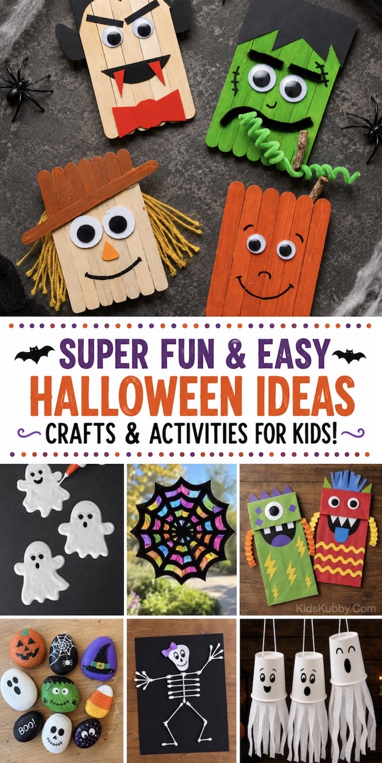 Fun crafts, activities, food ideas, games, and more for Halloween! These simple ideas are super easy to make with cheap supplies. Everything from paper ghosts and pumpkins to pipe cleaner spiders, popsicle stick crafts, spiderweb sun catchers, rock paintings, sweet treats, and more. 