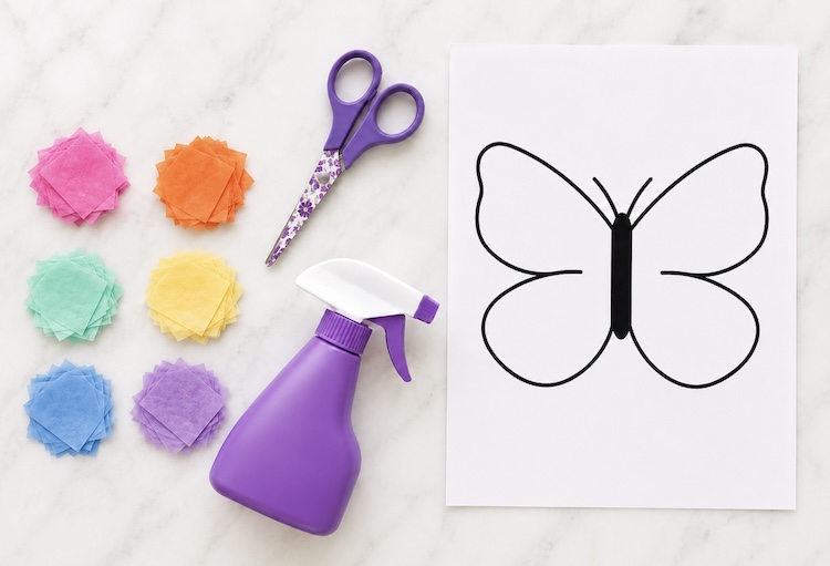 Supplies needed to make tissue paper butterflies including a template and free printable.