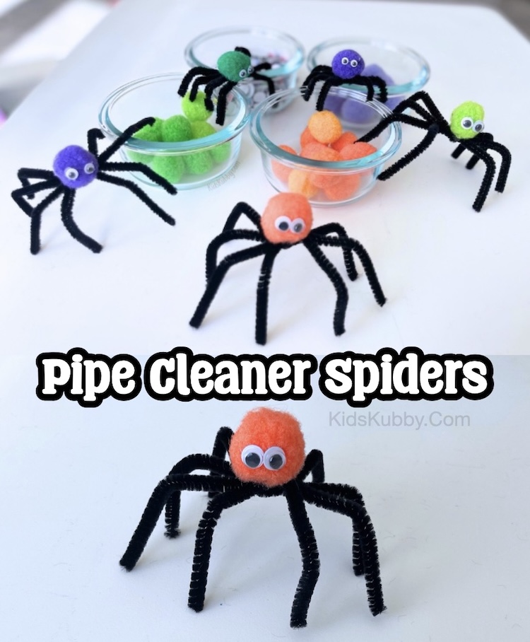 DIY Spider craft for Halloween! Show your kids how to make these creepy crawly spiders with just black pipe cleaners, pom poms, and googly eyes.