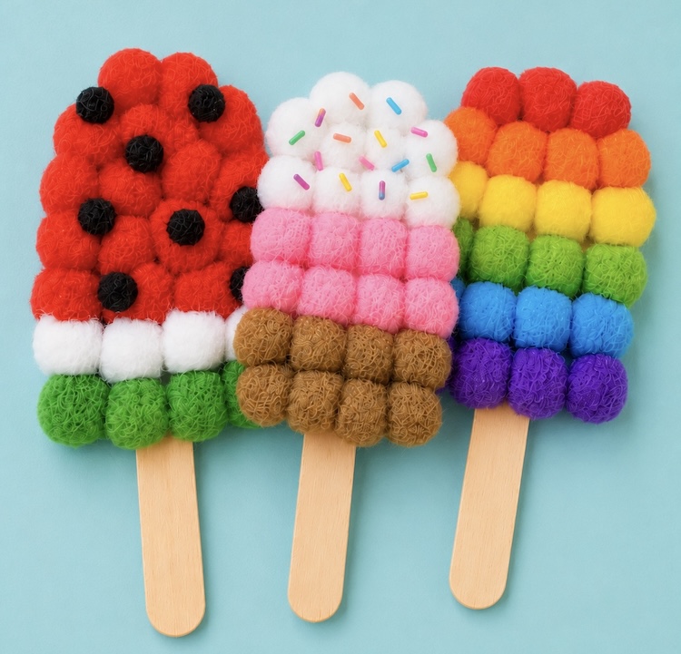 Bright and cheery summer craft idea for kids! How to make fun craft popsicles with vibrant fuzzy pompoms.