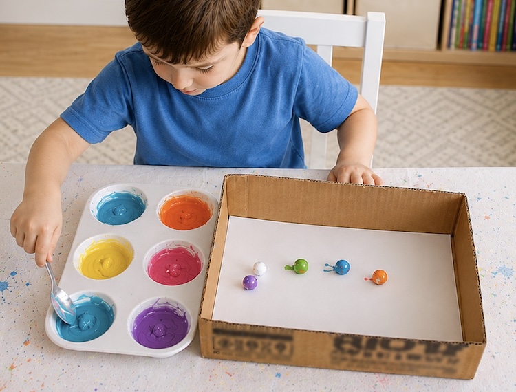 How to paint with marbles in a shallow cardboard box of disposable baking tin.