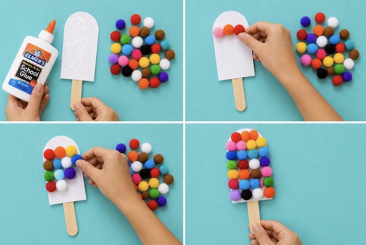 Easy craft project for preschoolers using popsicle sticks and pompoms to make whimsical, colorful popsicles for summer.