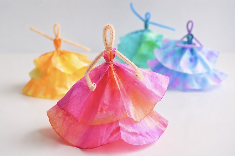 How to make pipe cleaner dancers with coffee filter skirts. 